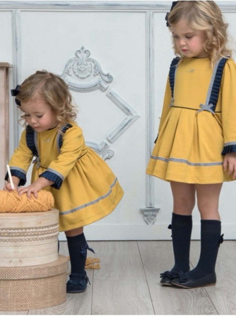 Girls' Mustard Yellow Pleated Casual Dress with Navy Trim